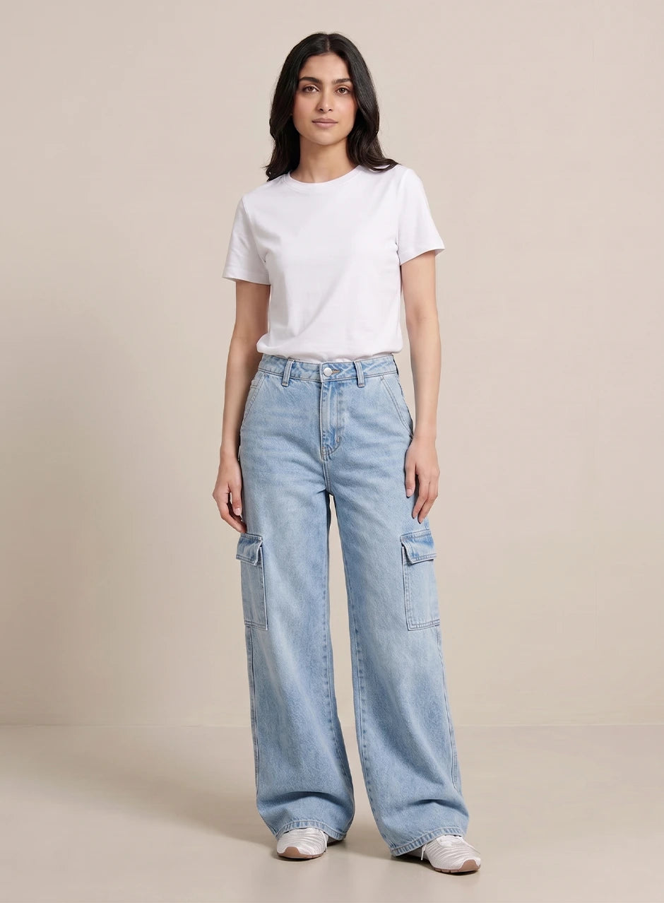 Norzay- Indigo Light Ice Blue High Waist Wide Leg Cargo Jeans