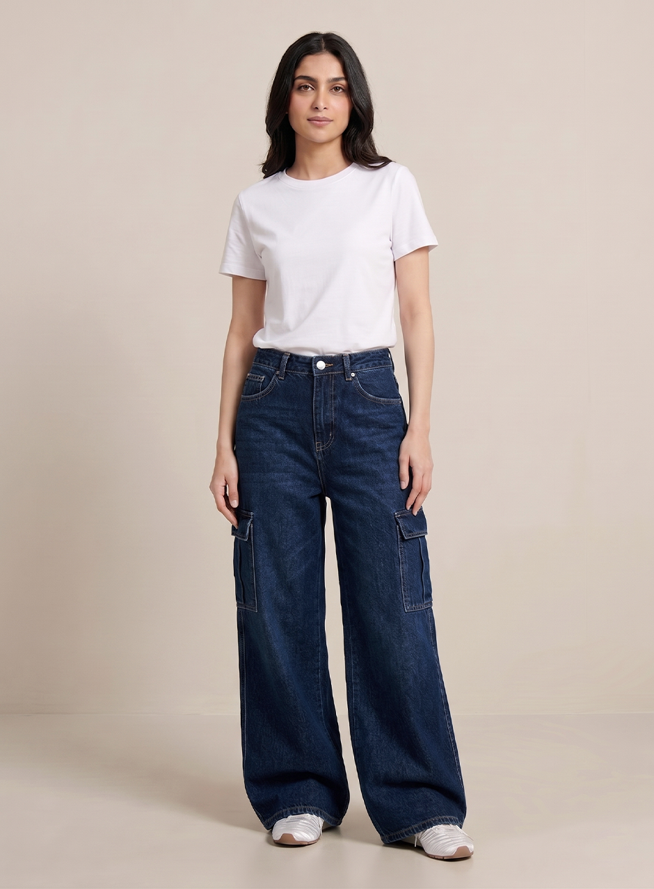 Norzay- Indigo Dark Blue High Waist Wide Leg Cargo Jeans