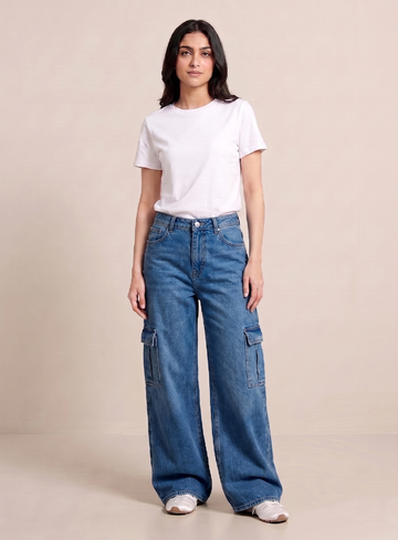 Norzay- Indigo Mid Blue High Waist Wide Leg Cargo Jeans
