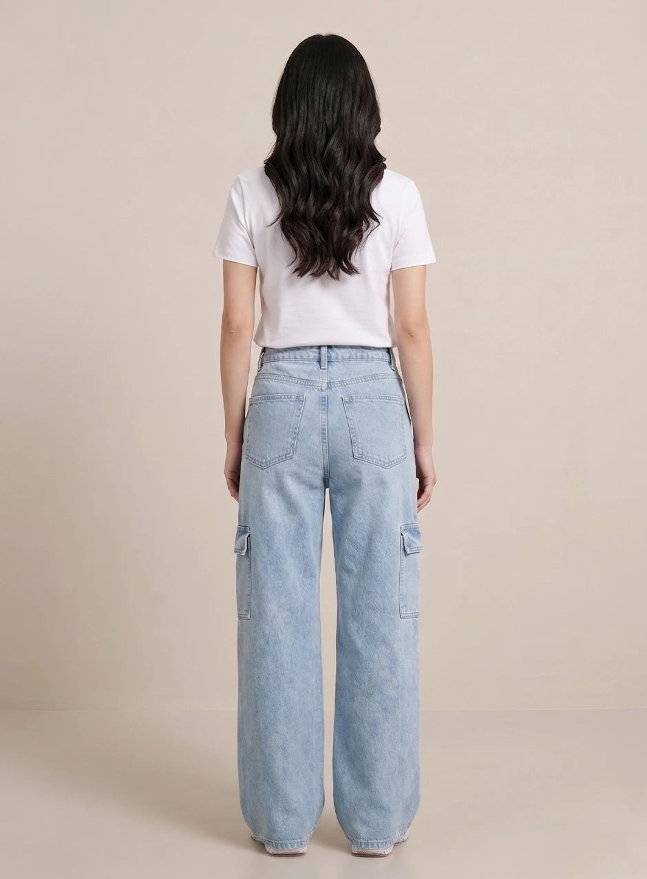 Norzay- Indigo Light Ice Blue High Waist Wide Leg Cargo Jeans