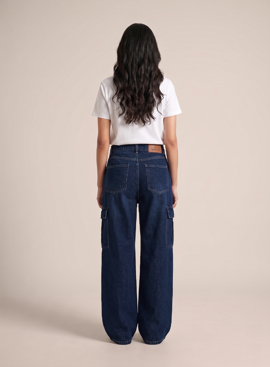 Norzay- Indigo Dark Blue High Waist Wide Leg Cargo Jeans