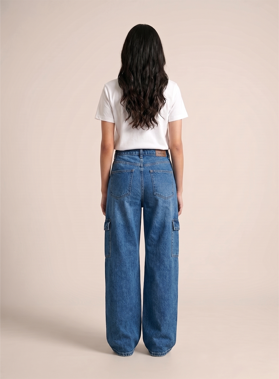 Norzay- Indigo Mid Blue High Waist Wide Leg Cargo Jeans