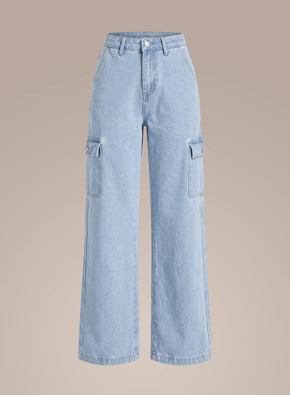 Norzay- Indigo Light Ice Blue High Waist Wide Leg Cargo Jeans
