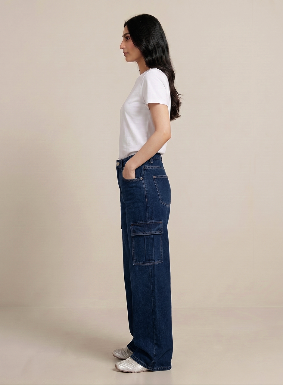 Norzay- Indigo Dark Blue High Waist Wide Leg Cargo Jeans