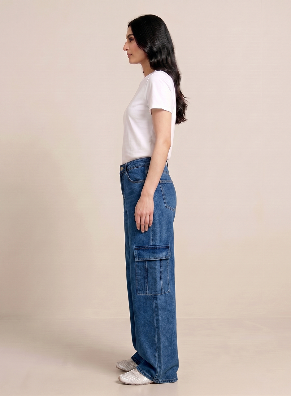Norzay- Indigo Mid Blue High Waist Wide Leg Cargo Jeans