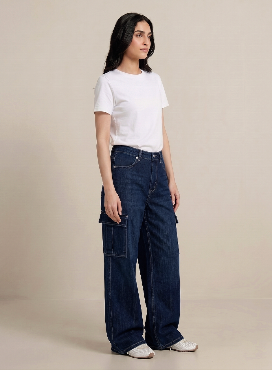 Norzay- Indigo Dark Blue High Waist Wide Leg Cargo Jeans