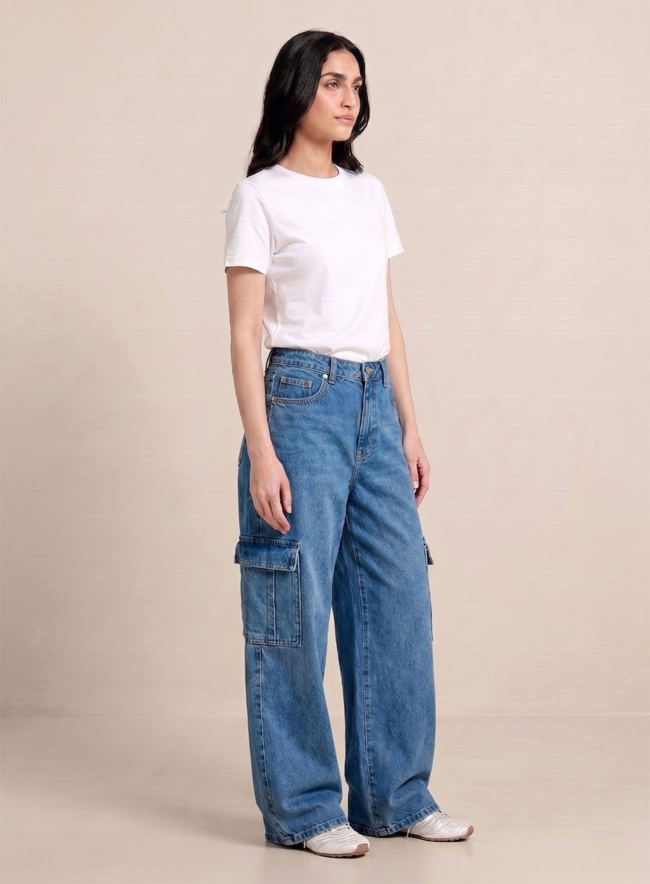 Norzay- Indigo Mid Blue High Waist Wide Leg Cargo Jeans