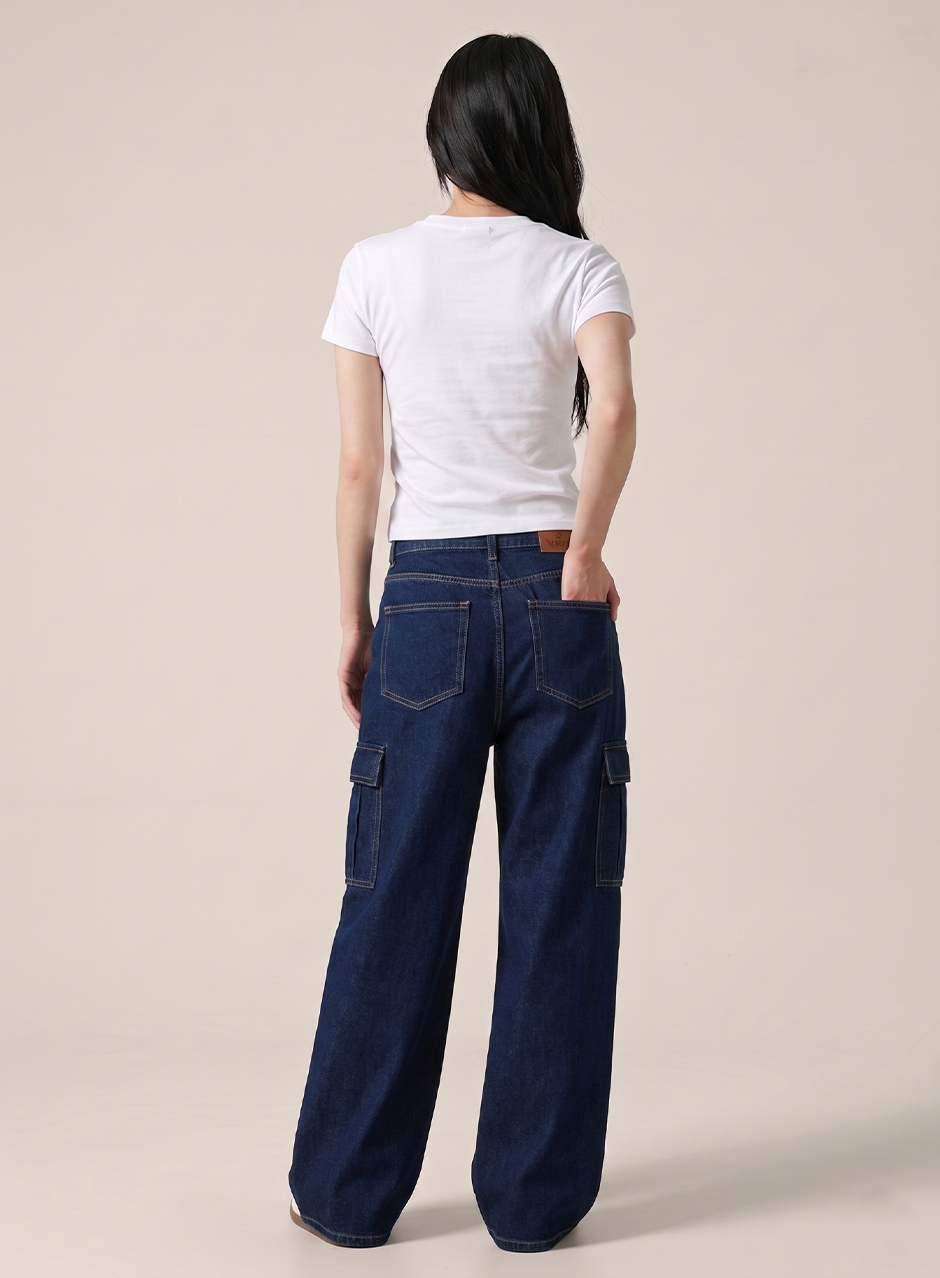 Norzay- Indigo Dark Blue High Waist Wide Leg Cargo Jeans