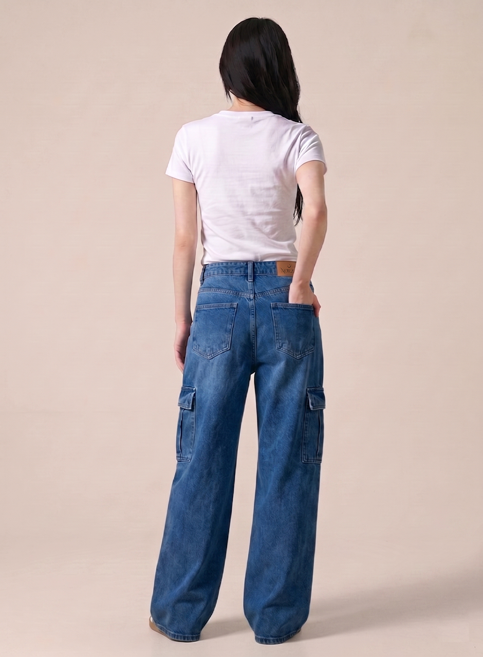 Norzay- Indigo Mid Blue High Waist Wide Leg Cargo Jeans