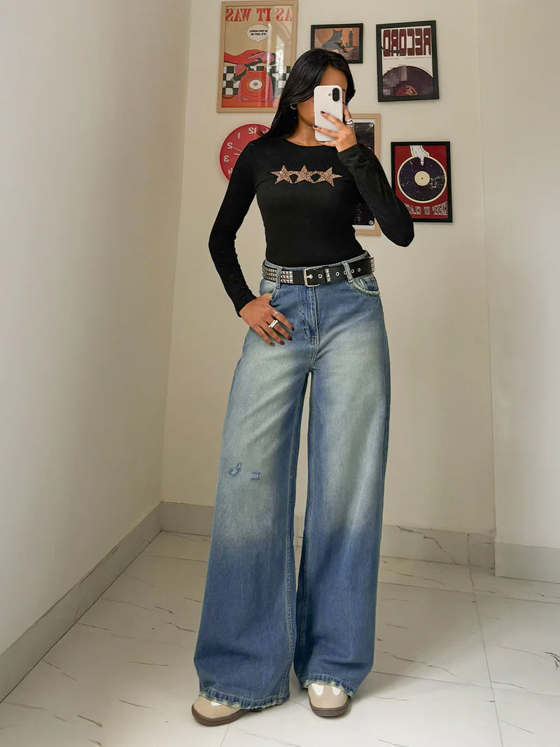 Norzay Airy Blue Washed Wide Leg Jeans