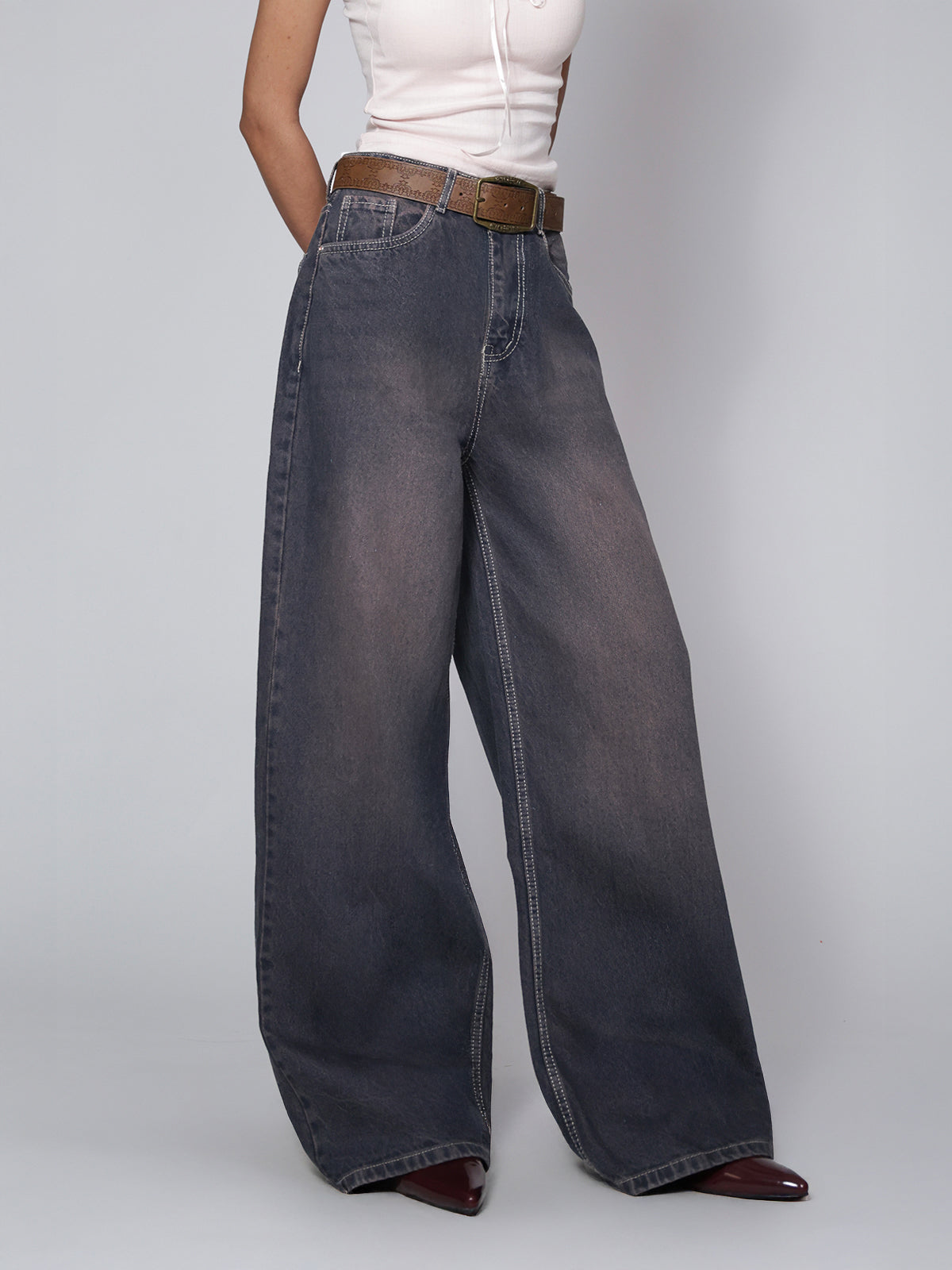Norzay Burnt Blue Washed Wide Leg Jeans