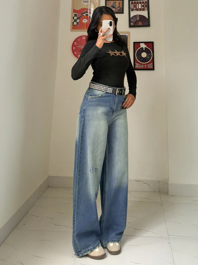 Norzay Airy Blue Washed Wide Leg Jeans
