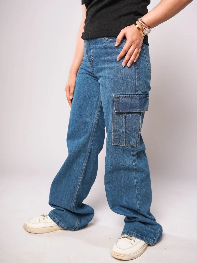 Norzay- Indigo Mid Blue High Waist Wide Leg Cargo Jeans