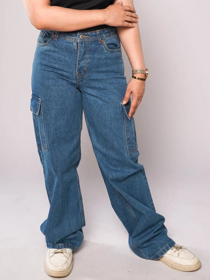 Norzay- Indigo Mid Blue High Waist Wide Leg Cargo Jeans