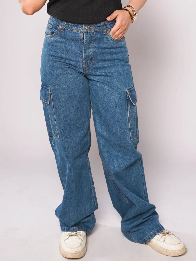 Norzay- Indigo Mid Blue High Waist Wide Leg Cargo Jeans