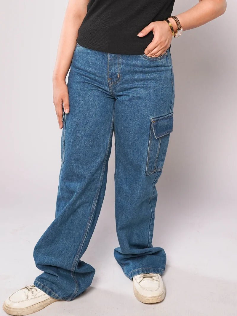 Norzay- Indigo Mid Blue High Waist Wide Leg Cargo Jeans