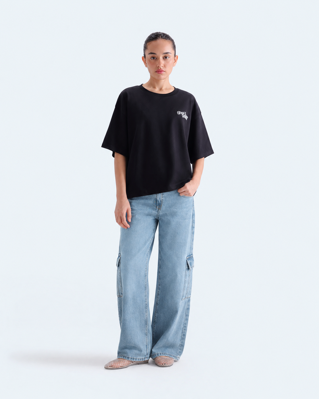 Norzay- Indigo  Ice Blue High Waist Wide Leg Cargo Jeans