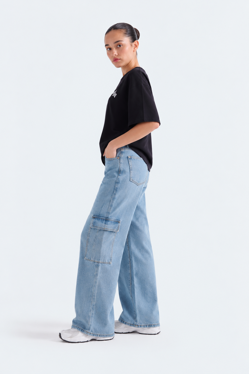 Norzay- Indigo  Ice Blue High Waist Wide Leg Cargo Jeans