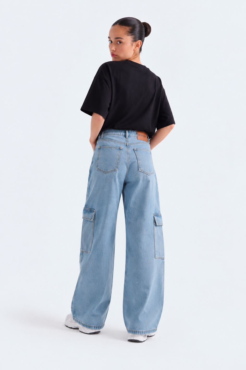 Norzay- Indigo  Ice Blue High Waist Wide Leg Cargo Jeans