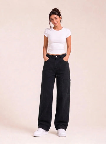 Norzay- Indigo  Black High Waist Wide Leg Cargo Jeans
