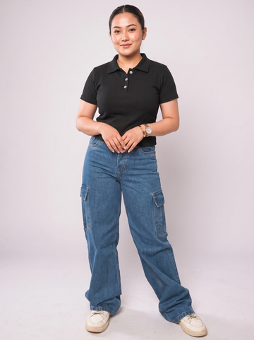 Norzay- Indigo Mid Blue High Waist Wide Leg Cargo Jeans
