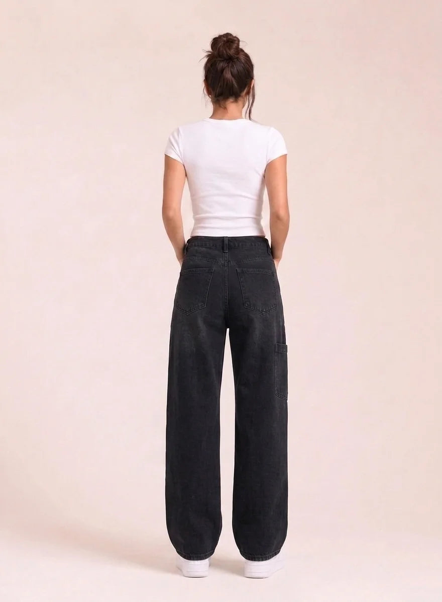 Norzay- Indigo  Black High Waist Wide Leg Cargo Jeans