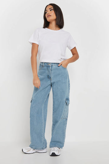 Norzay- Indigo  Ice Blue High Waist Wide Leg Cargo Jeans