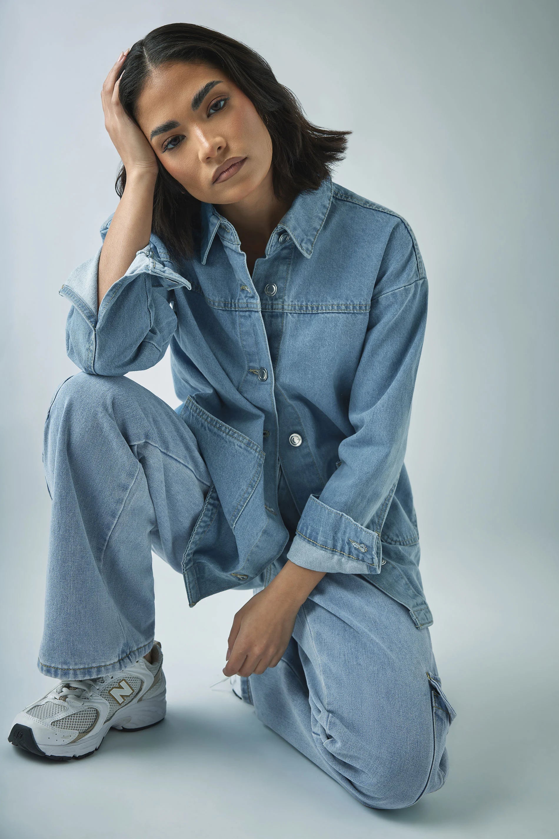 Norzay- Indigo  Ice Blue High Waist Wide Leg Cargo Jeans