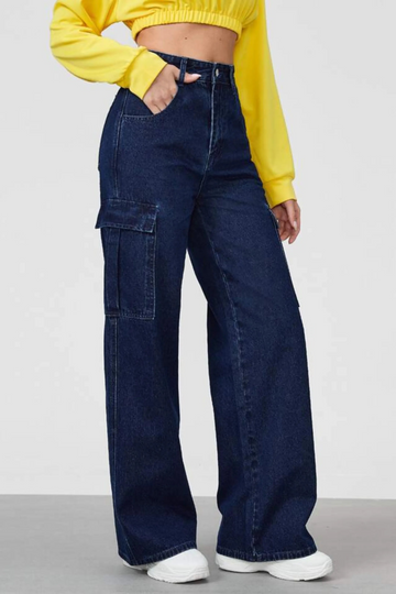 Norzay- Indigo Dark Blue High Waist Wide Leg Cargo Jeans