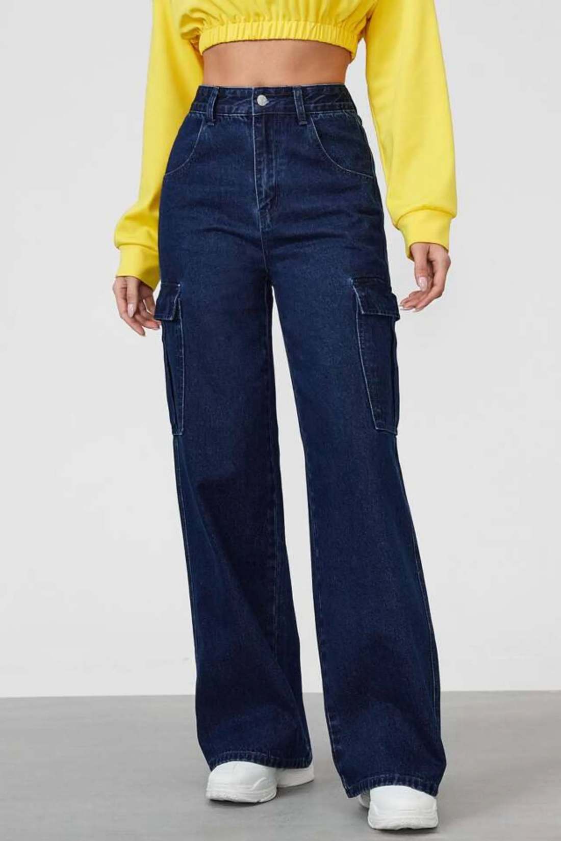 Norzay- Indigo Dark Blue High Waist Wide Leg Cargo Jeans