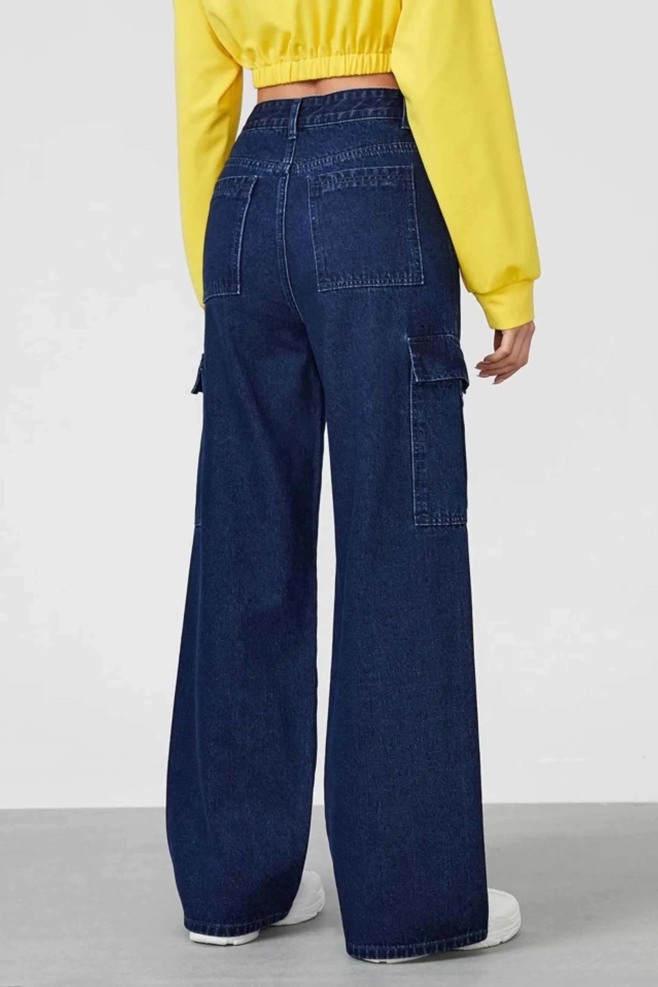 Norzay- Indigo Dark Blue High Waist Wide Leg Cargo Jeans
