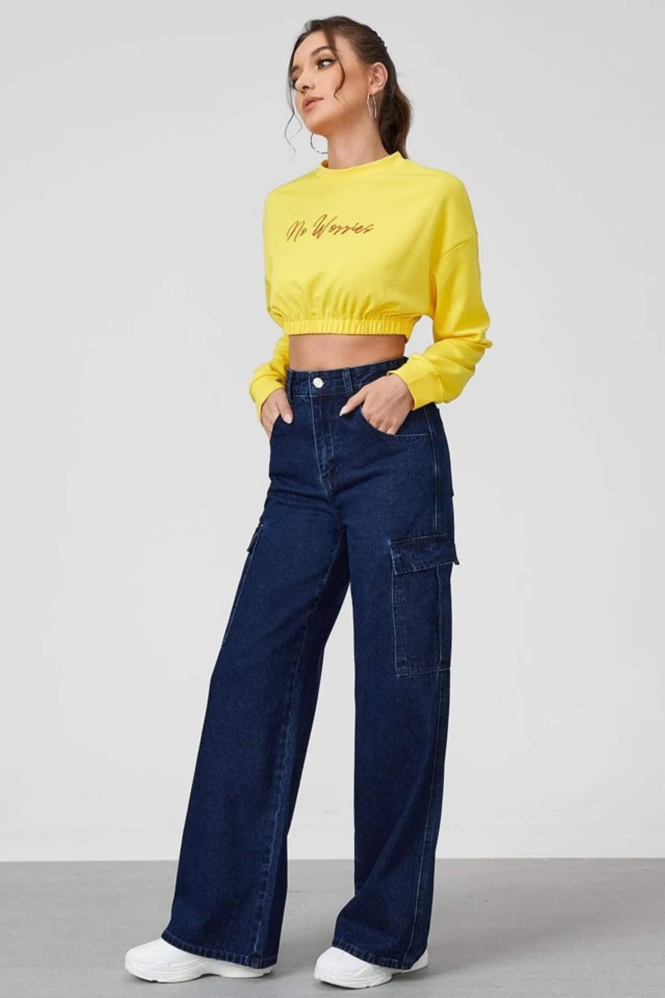 Norzay- Indigo Dark Blue High Waist Wide Leg Cargo Jeans